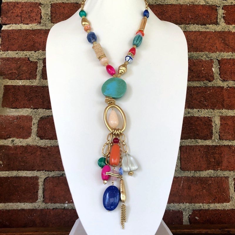 Chico’s long gold tone necklace with multi colored beads | EcoChic Boutique